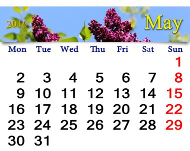 Mayıs 2016 Lila ile için Takvim
