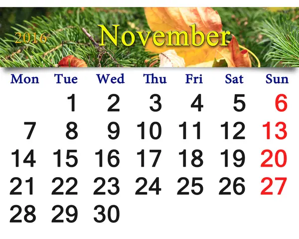 Kalender für November 2016 mit gelbem Blatt auf der Fichte — Stockfoto