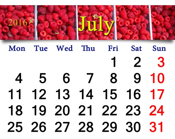 Kalender voor juli 2016 met redraspberry — Stockfoto