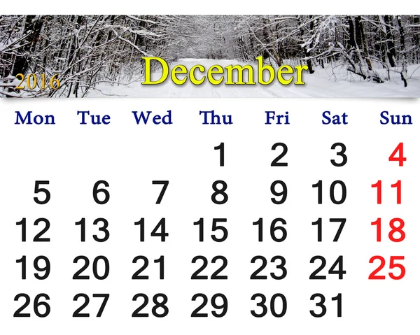 Calendar for December 2016 with picture of winter forest — Stock Photo, Image