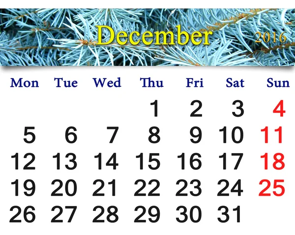 Calendar for December 2016 with picture of spruce — Stock Photo, Image