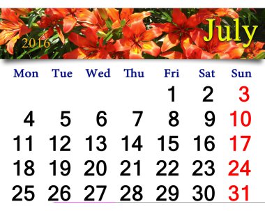 Kırmızı lilyum ile Temmuz 2016 için takvim