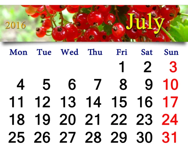 Calendar for July 2016 with snowball tree — Stock Photo, Image