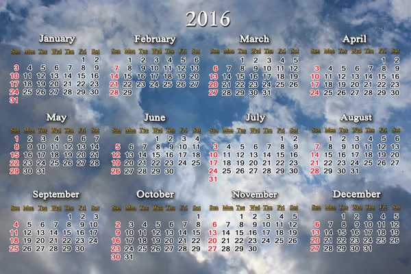 Calendar for 2016 on the background of blue sky — Stock Photo, Image