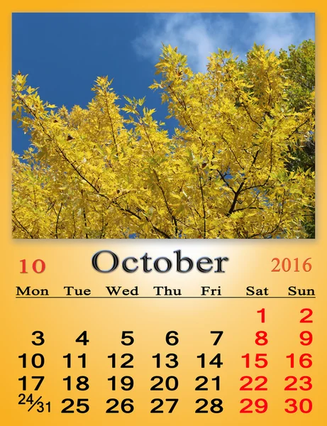 Kalender för oktober 2016 med gula blad på trädet — Stockfoto