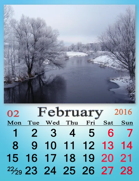 Calendar for February 2016 with winter river — Stock Photo, Image