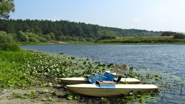 Paesaggio con catamarani sul fiume — Foto Stock