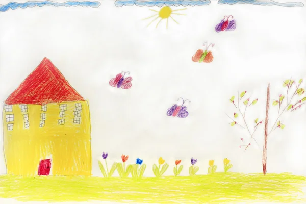 Children's drawing with house butterflies and flowers — Stock Photo, Image