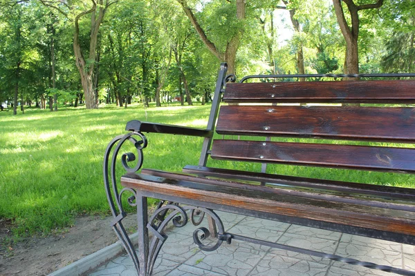 Bänk i den vackra parken med många gröna träd — Stockfoto