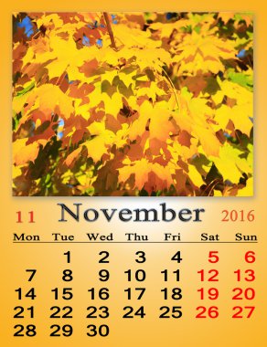 Sarı akçaağaç yaprakları ile Ekim 2016 için takvim