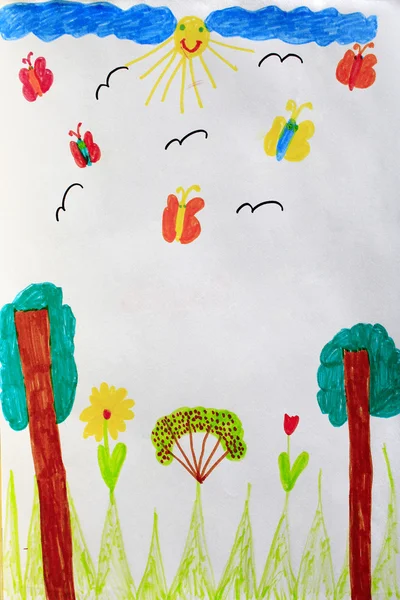Children's drawing with butterflies trees and flowers — Stock Photo, Image