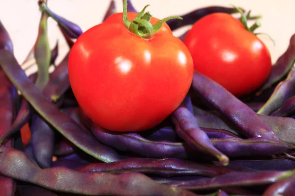 Czerwone pomidory i liliowy strąków fasola — Zdjęcie stockowe