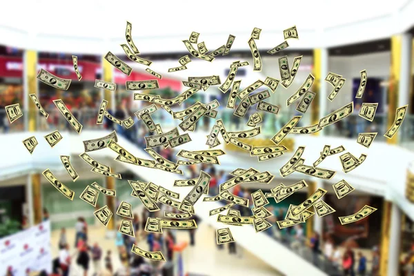 Dólares voando no supermercado com pessoas — Fotografia de Stock