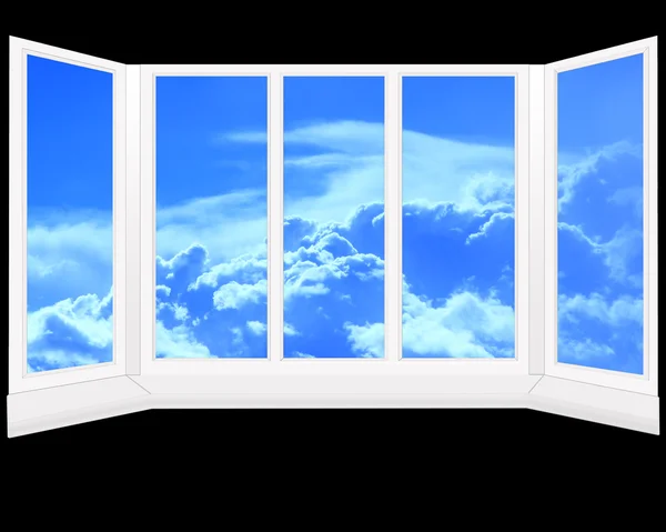 Kunststof venster met uitzicht op de bewolkte hemel — Stockfoto