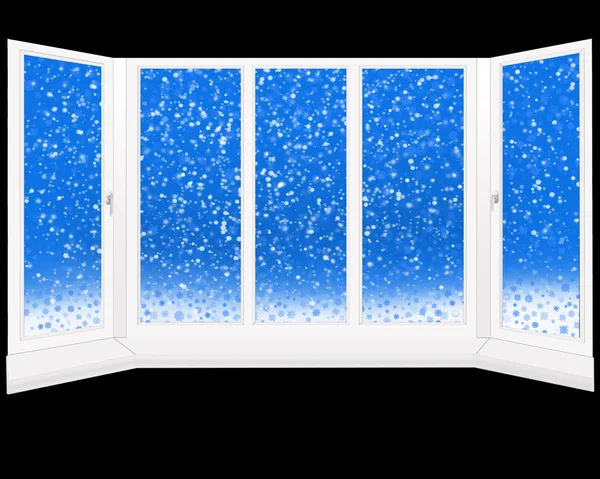 Okna z widokiem na śnieg na czarnym tle — Zdjęcie stockowe