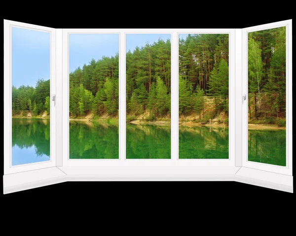여름 숲의 호수에 현대 창 — 스톡 사진