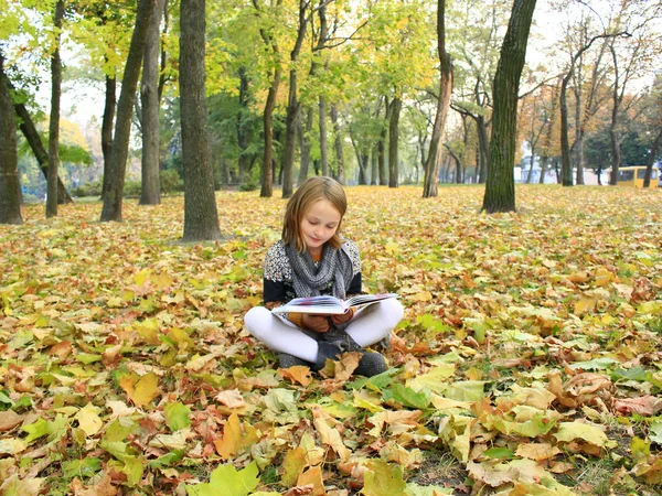Niña lee un libro en el parque de otoño — Foto de Stock