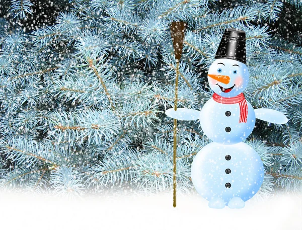 Snögubbe snö och nyår träd — Stockfoto