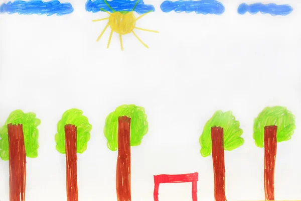 Childrens drawing with trees and clouds — Stock Photo, Image