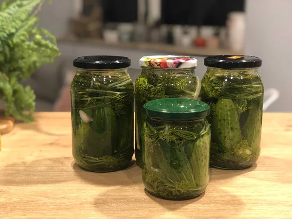 Pickled Cucumbers Glass Jar Wooden Table — Stock Photo, Image