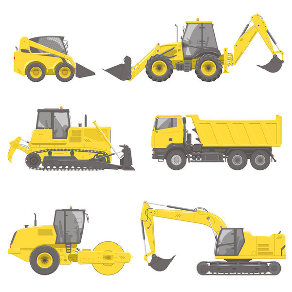 Set of six vector yellow construction machines