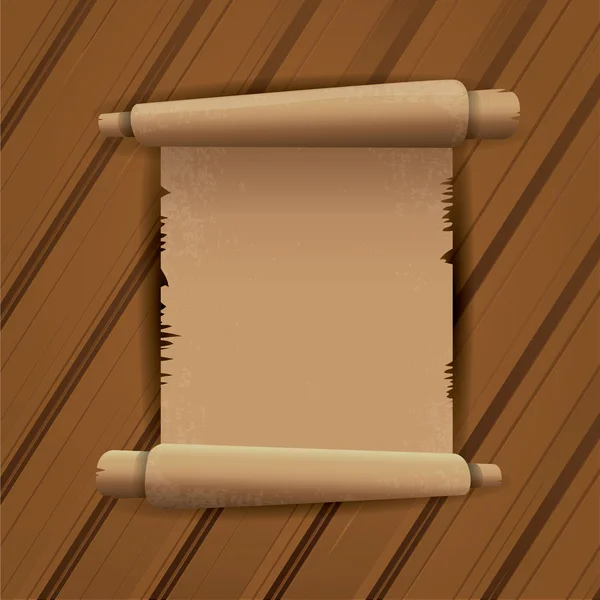 Papel de pergamino viejo sobre fondo de mesa de madera . — Vector de stock