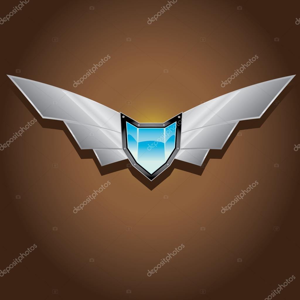 Vector metallic automotive, motorcycle badge with wings. Signs and labels.
