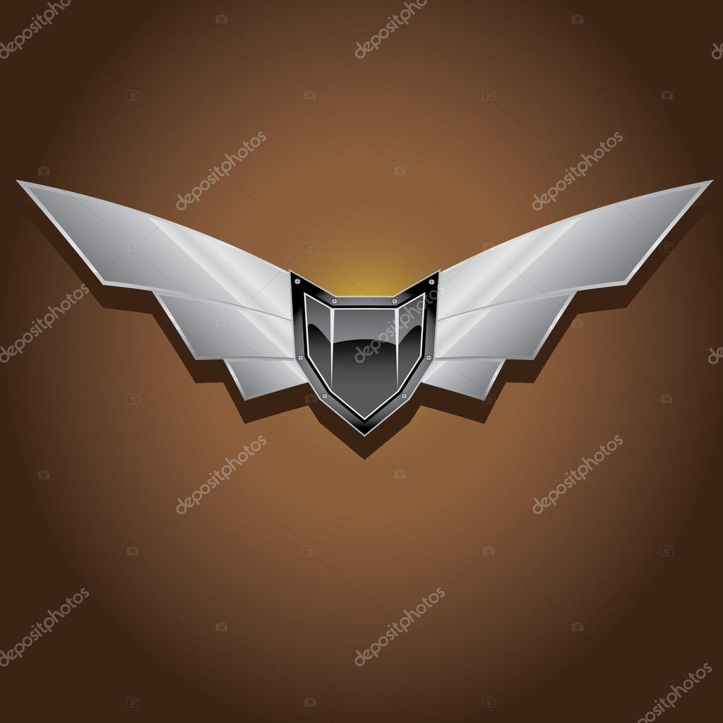 Vector metallic automotive, motorcycle badge with wings. Signs and labels.