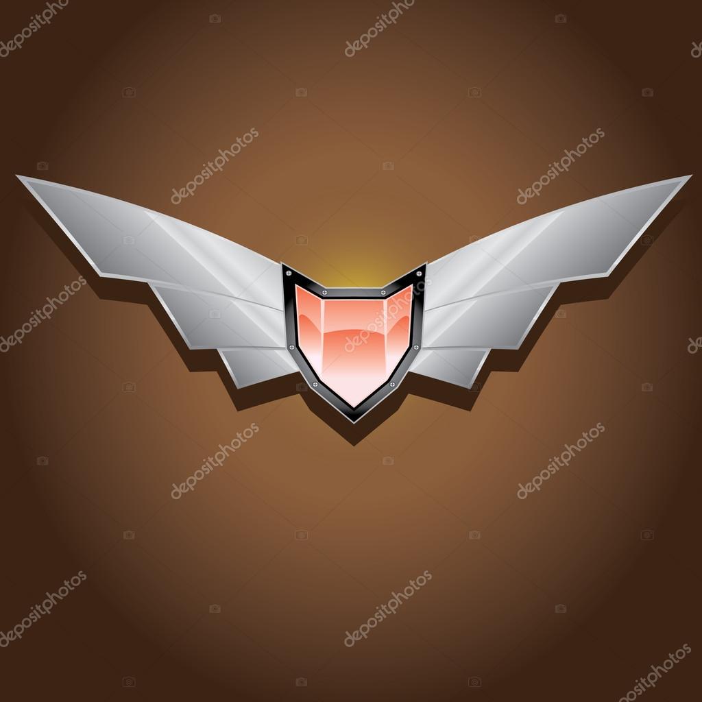 Vector metallic automotive, motorcycle badge with wings. Signs and labels.