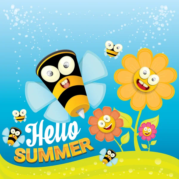 Vector de dibujos animados paisaje de verano con abejas Miel — Archivo Imágenes Vectoriales