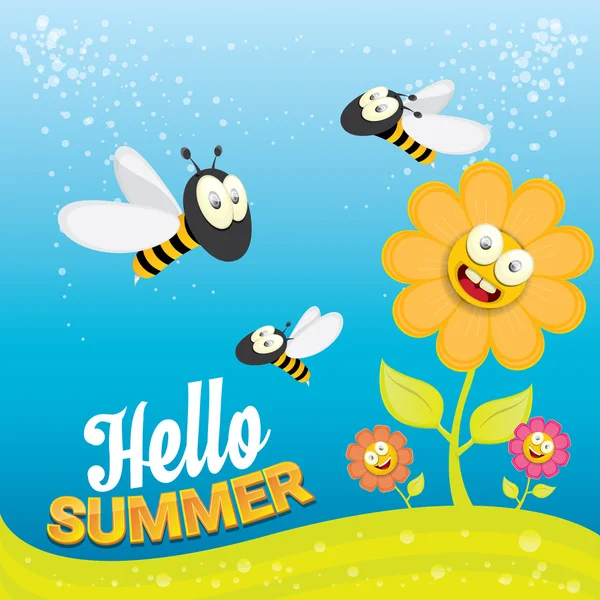 Vector cartoon summer landscape with Honey bees — Stock Vector