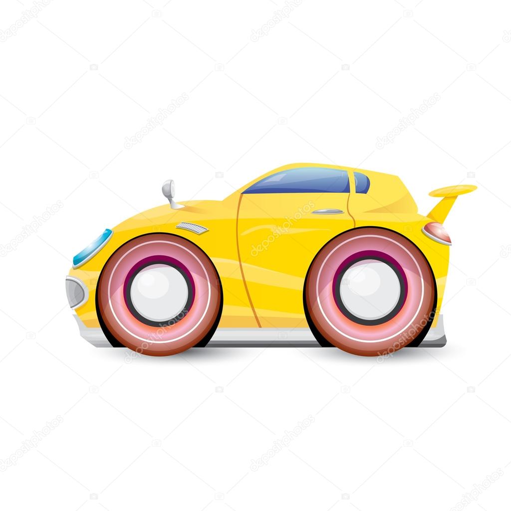 Cartoon yellow racing car isolated on white. vector funny car with big wheels