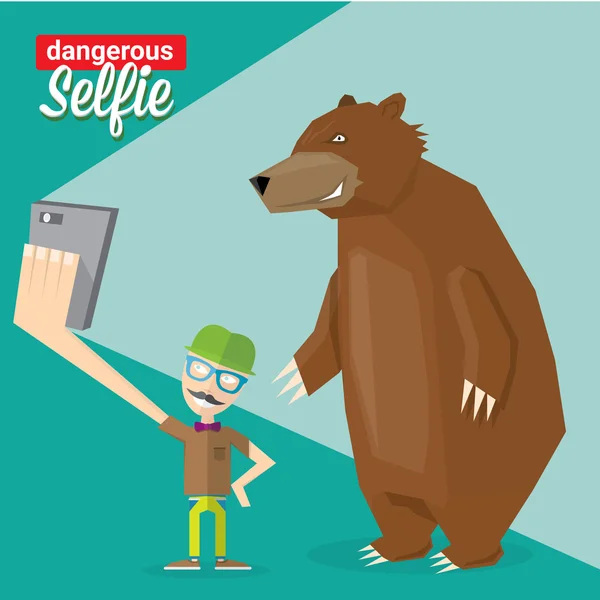 Selfie peligroso con ilustración de concepto de oso — Vector de stock