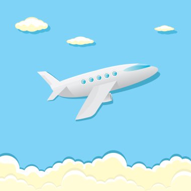 vektör uçak simgesi. Mavi gökyüzü düzlemde çizgi film