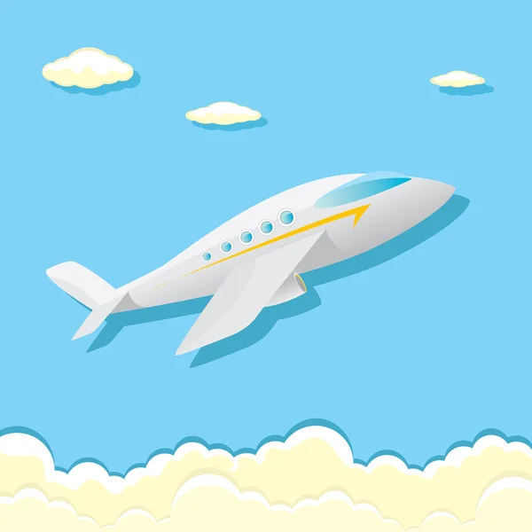 Icono del avión vector. plano de dibujos animados en el cielo azul — Vector de stock