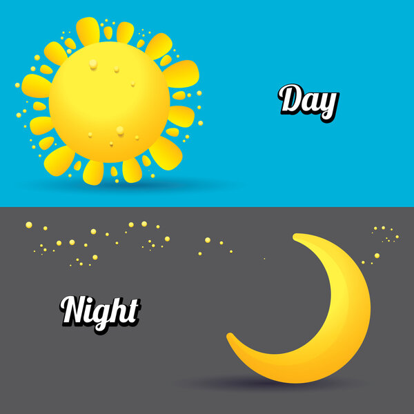 Sun and moon in sky, day and night. Vector