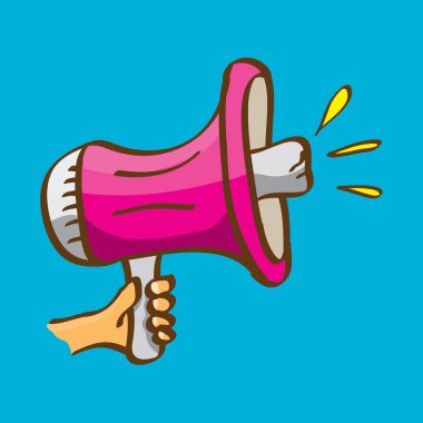 el mavi arka plan üzerinde megafon tutarak.