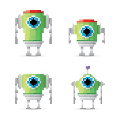 piksel tarzı yeşil robot seti