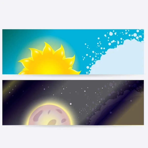 Sun and moon in sky, day and night. — Stock Vector