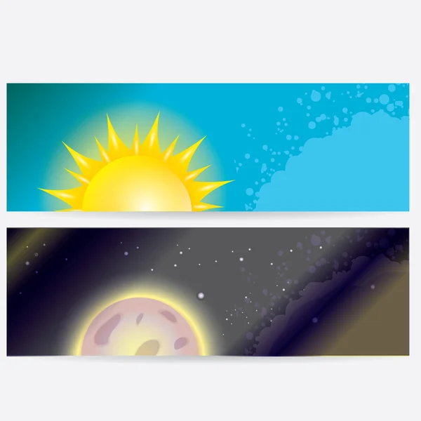 Sun and moon in sky, day and night. — Stock Vector