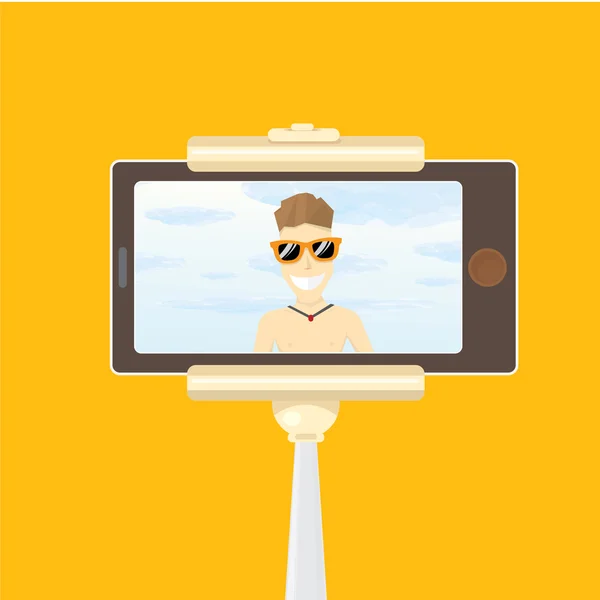 Taking Selfie Photo on Smart Phone with monopod — Stock Vector