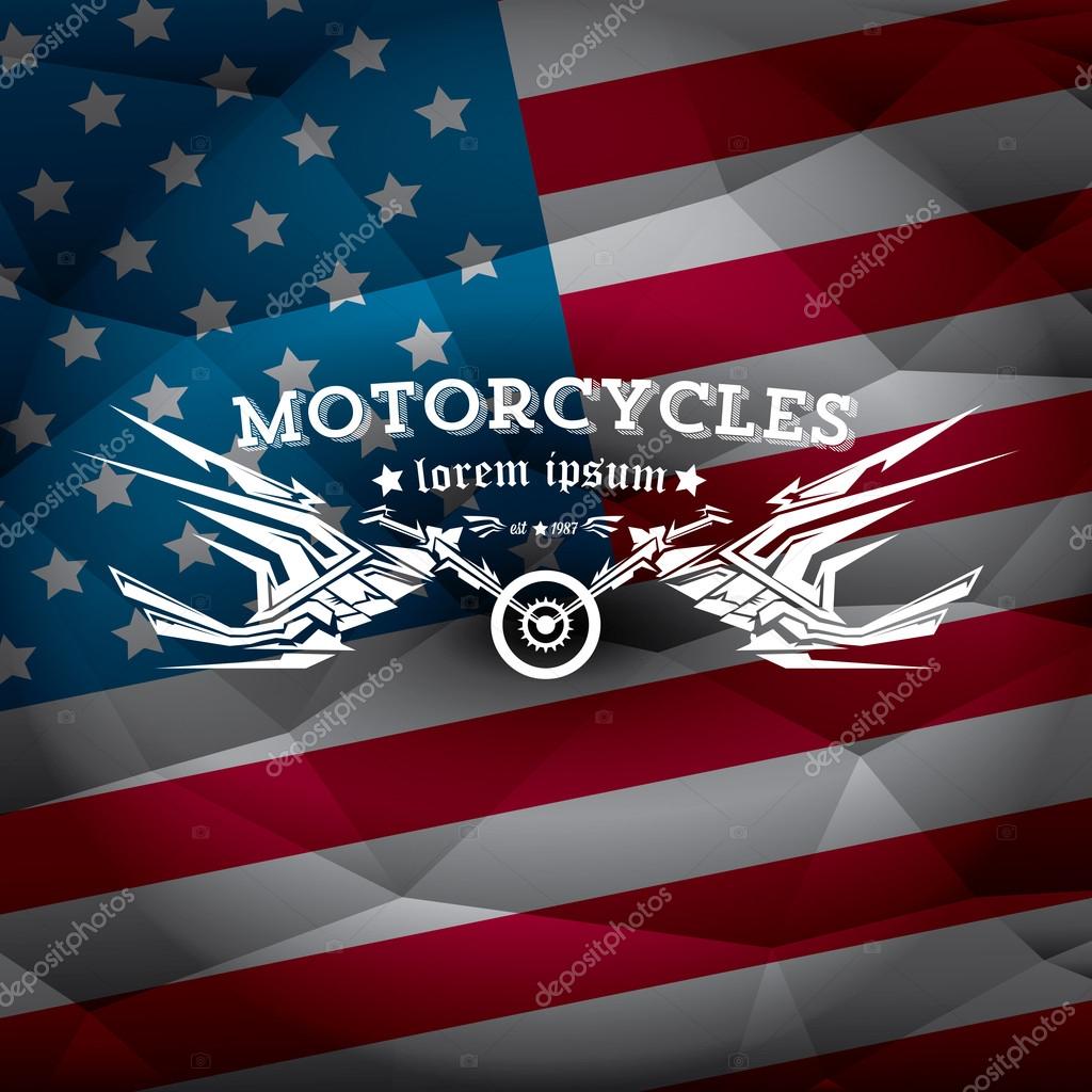 Vintage american motorcycle club label or badge on usa flag, design element. abstract motorcycle logo with wings