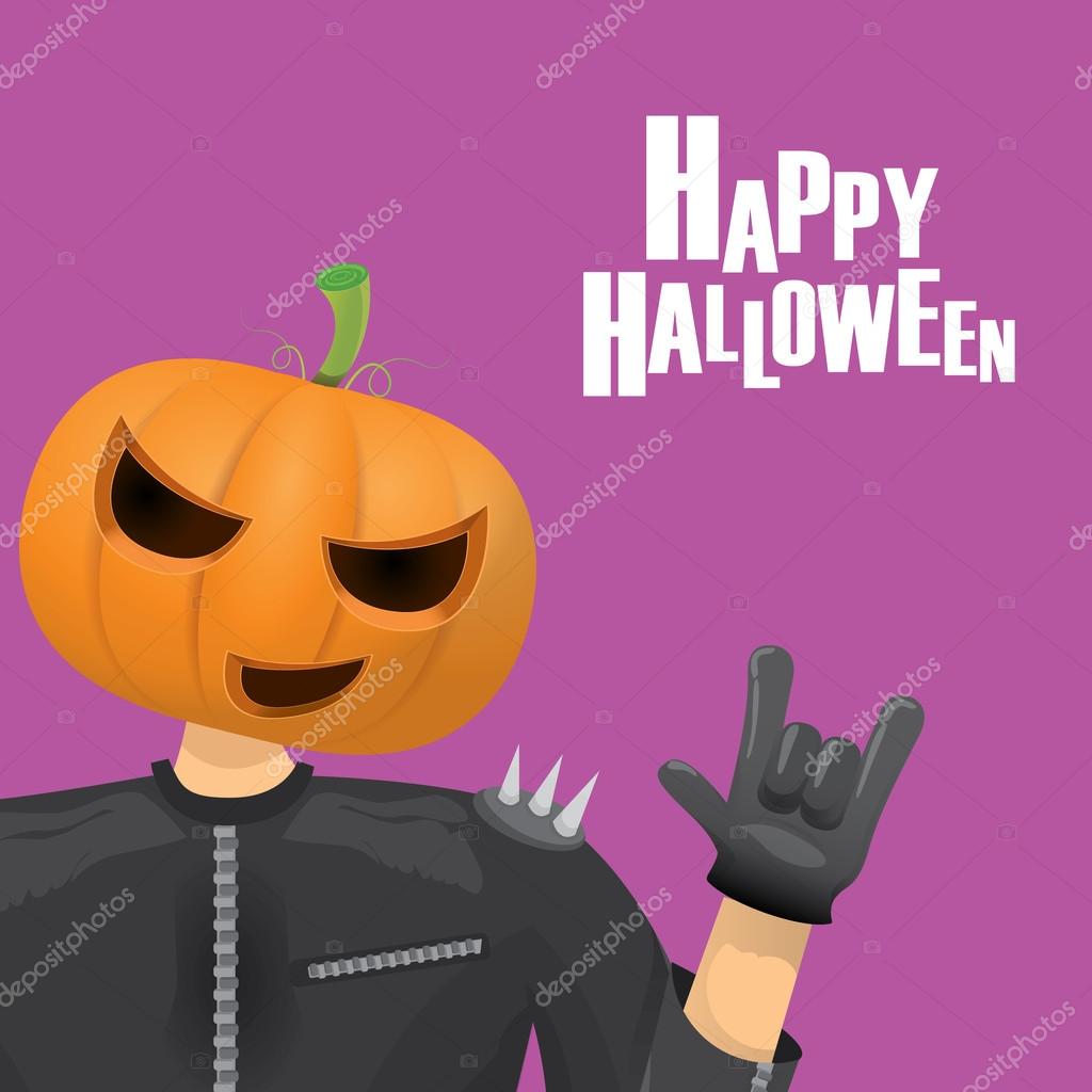 Happy halloween vector creative background. man in halloween costume with pumpkin head rock n roll style halloween greeting card with text. Happy halloween rock concert poster design template.