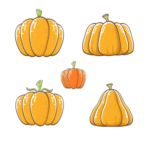 Vektorgrafik orangefarbene Kürbisse isoliert auf weißem Hintergrund. Handgezeichnete Cartoon-Kürbiskollektion für Herbst, Halloween und Thanksgiving — Stockvektor