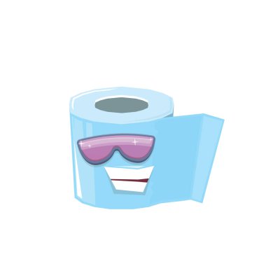 vektör komik tuvalet kağıdı rulo karakteri güneş gözlüklü beyaz arka planda izole edilmiş. Gülen kawaii kağıt rulo karakteri