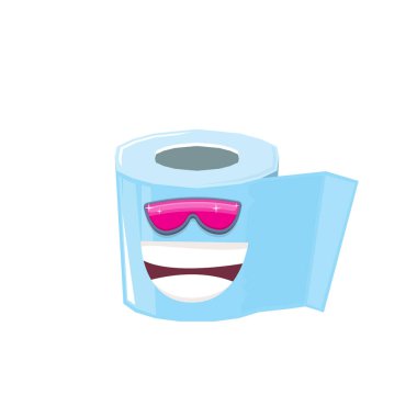 vektör komik tuvalet kağıdı rulo karakteri güneş gözlüklü beyaz arka planda izole edilmiş. Gülen kawaii kağıt rulo karakteri