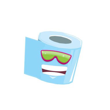 vektör komik tuvalet kağıdı rulo karakteri güneş gözlüklü beyaz arka planda izole edilmiş. Gülen kawaii kağıt rulo karakteri