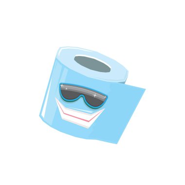 vektör komik tuvalet kağıdı rulo karakteri güneş gözlüklü beyaz arka planda izole edilmiş. Gülen kawaii kağıt rulo karakteri