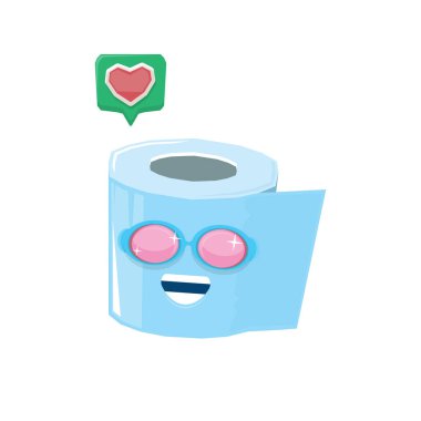 vektör komik tuvalet kağıdı rulo karakteri güneş gözlüklü beyaz arka planda izole edilmiş. Gülen kawaii kağıt rulo karakteri