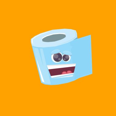 Turuncu arka planda izole edilmiş komik çizgi film tuvalet kağıdı karakteri. Gülen kawaii kağıt rulo karakteri